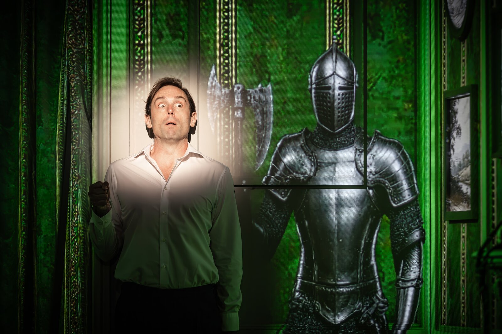 Sam Harrison in the suit of armour scene, Jeeves Takes Charge