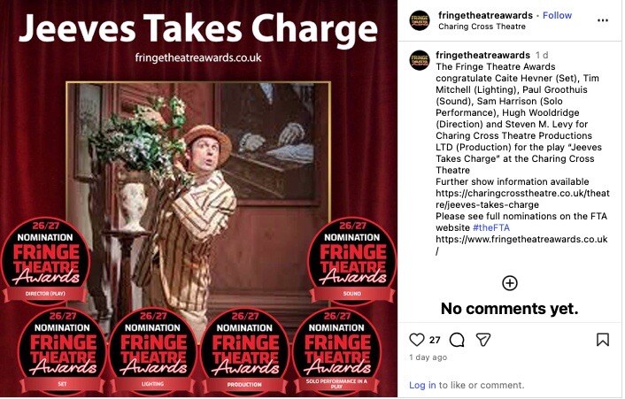Jeeves Takes Charge — six 2026/27 Fringe Theatre Awards nominations, for Director, Sound, Set, Lighting, Production and Solo Performance in a Play